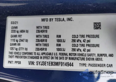 2021 Tesla Model 3 Long Range Dual Motor All-Wheel Drive z USA, uszkodzony, nr VIN 5YJ3E1EB3MF914944